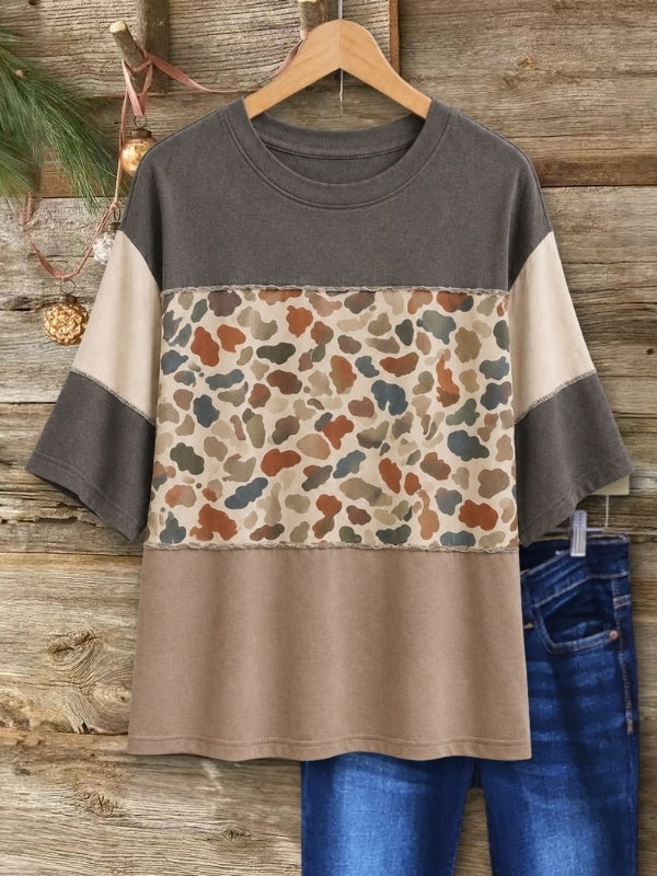 Abstract Camo Patchwork Crew Neck Top