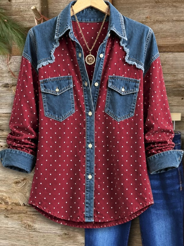 Polka Dot Denim Patchwork Button-Up Shirt