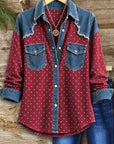 Polka Dot Denim Patchwork Button-Up Shirt
