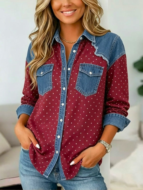 Polka Dot Denim Patchwork Button-Up Shirt