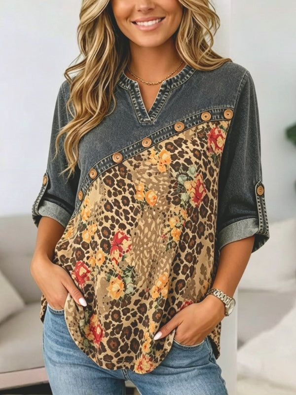 Floral Leopard Patchwork Split Neck Tunic