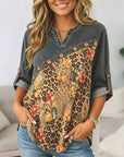 Floral Leopard Patchwork Split Neck Tunic
