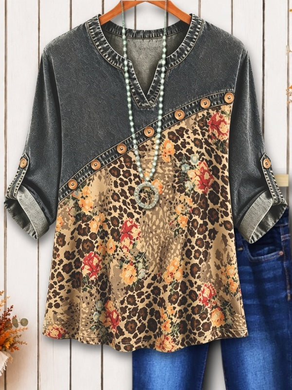 Floral Leopard Patchwork Split Neck Tunic