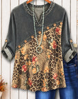 Floral Leopard Patchwork Split Neck Tunic