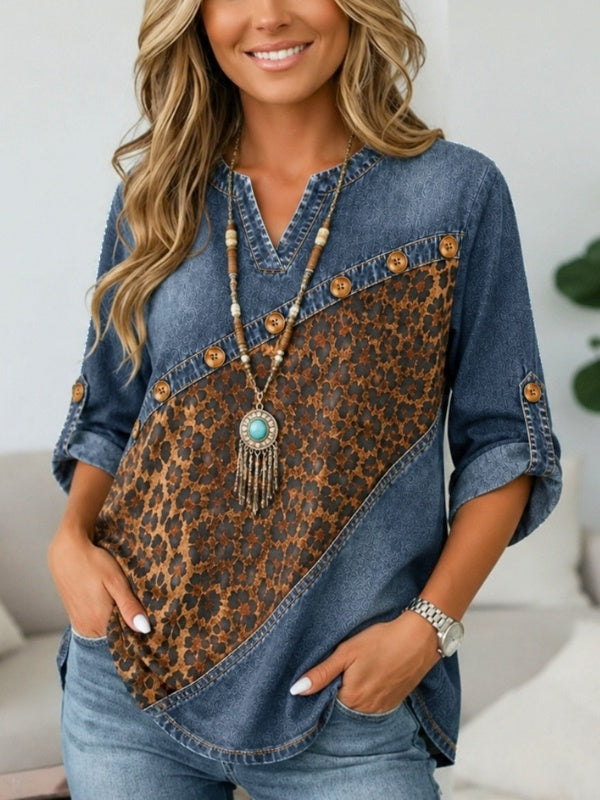 Leopard Denim Patchwork Roll-Tab Tunic