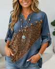 Leopard Denim Patchwork Roll-Tab Tunic
