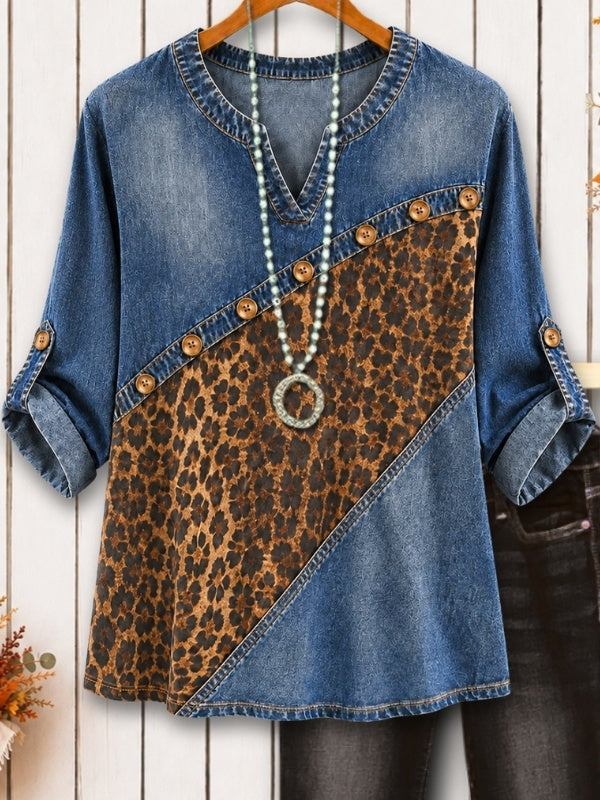Leopard Denim Patchwork Roll-Tab Tunic