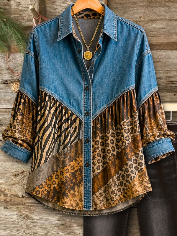 Animal Print Denim Patchwork Button-Up Tunic