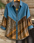 Animal Print Denim Patchwork Button-Up Tunic