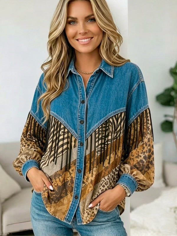 Animal Print Denim Patchwork Button-Up Tunic