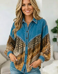 Animal Print Denim Patchwork Button-Up Tunic