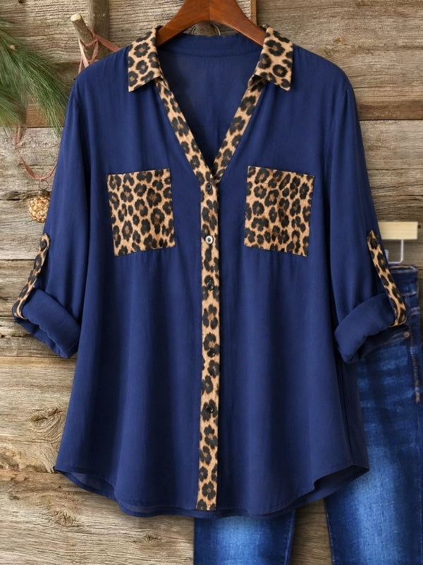Leopard Patchwork Roll-Tab Button-Up Tunic