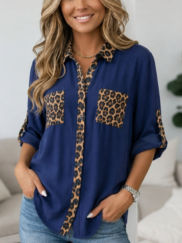 Leopard Patchwork Roll-Tab Button-Up Tunic