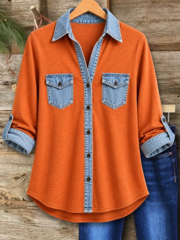 Denim Patchwork Roll-Tab Button Shirt