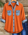 Denim Patchwork Roll-Tab Button Shirt