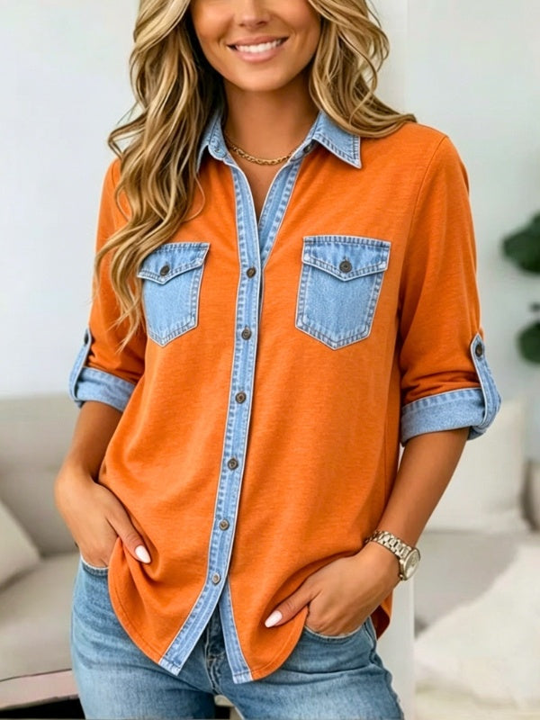 Denim Patchwork Roll-Tab Button Shirt