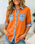 Denim Patchwork Roll-Tab Button Shirt