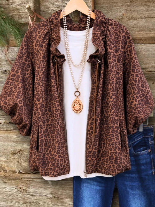 Leopard Print Ruffle Collar Zip Jacket