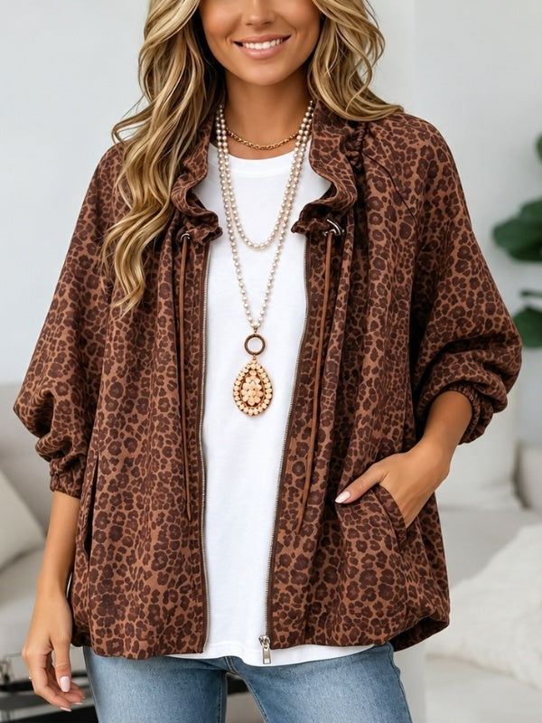 Leopard Print Ruffle Collar Zip Jacket