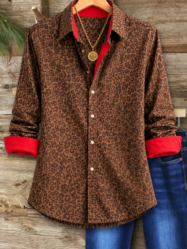 Leopard Print Contrast Cuff Button Shirt
