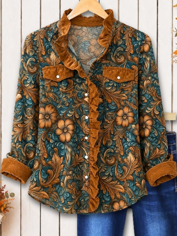 Floral Print Corduroy Ruffle Shirt