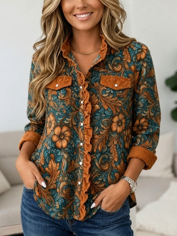 Floral Print Corduroy Ruffle Shirt