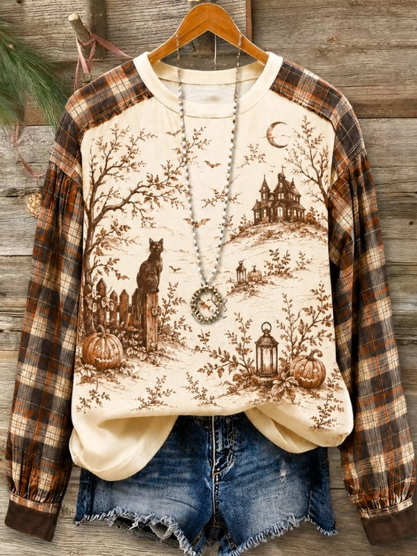 Plaid Sleeve Halloween Scenic Print Top