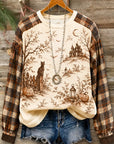 Plaid Sleeve Halloween Scenic Print Top