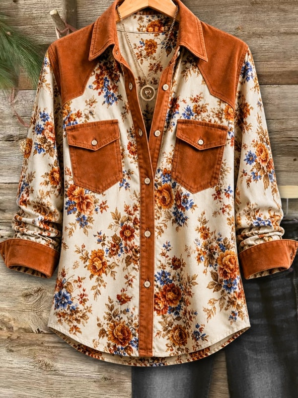 Floral Print Suede Patchwork Shirt