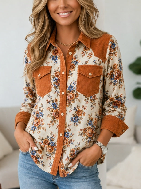 Floral Print Suede Patchwork Shirt