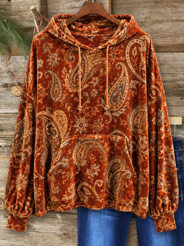 Paisley Print Relaxed Velvet Hoodie