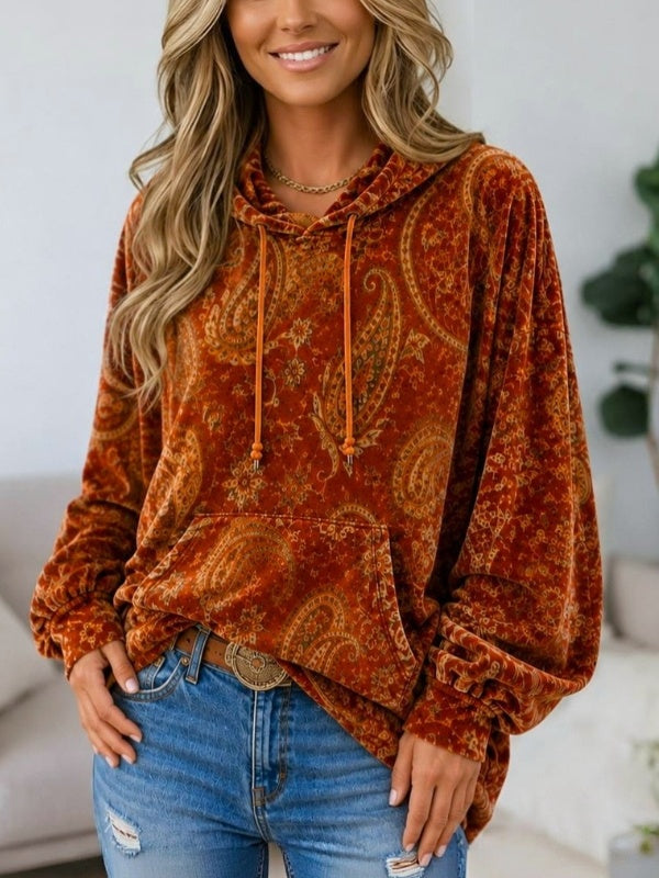 Paisley Print Relaxed Velvet Hoodie