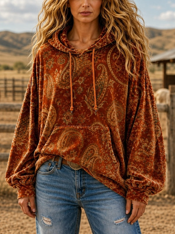 Paisley Print Relaxed Velvet Hoodie