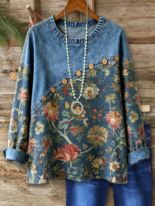 Floral Patchwork Denim Tunic Top
