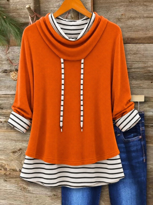 Striped Layered Cowl Neck Tunic