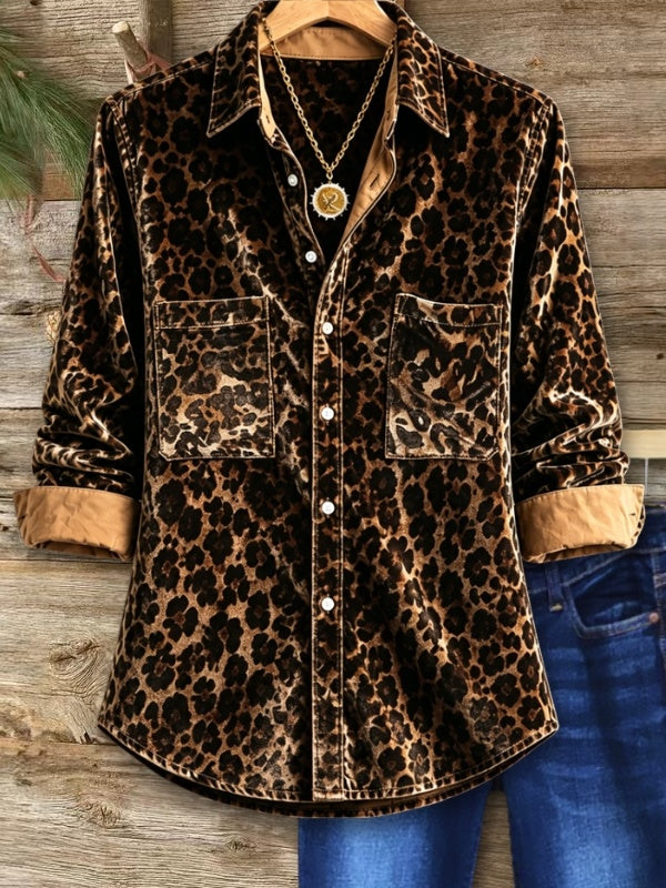 Leopard Print Velvet Button Shirt