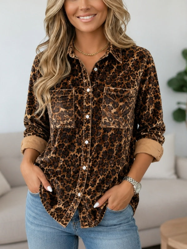 Leopard Print Velvet Button Shirt