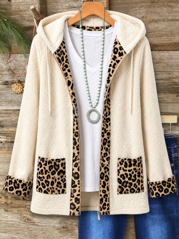 Leopard Trim Sherpa Hooded Jacket