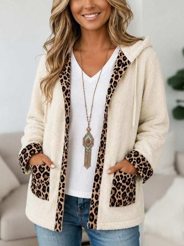 Leopard Trim Sherpa Hooded Jacket