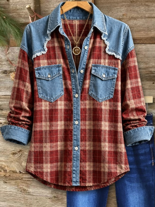 Plaid Denim Patchwork Button Down Shirt