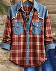 Plaid Denim Patchwork Button Down Shirt