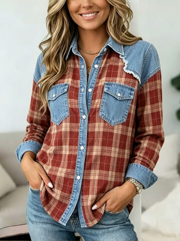 Plaid Denim Patchwork Button Down Shirt