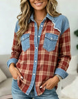 Plaid Denim Patchwork Button Down Shirt