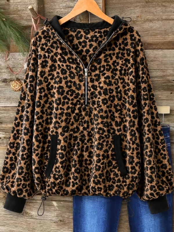 Leopard Print Velvet Hooded Pullover