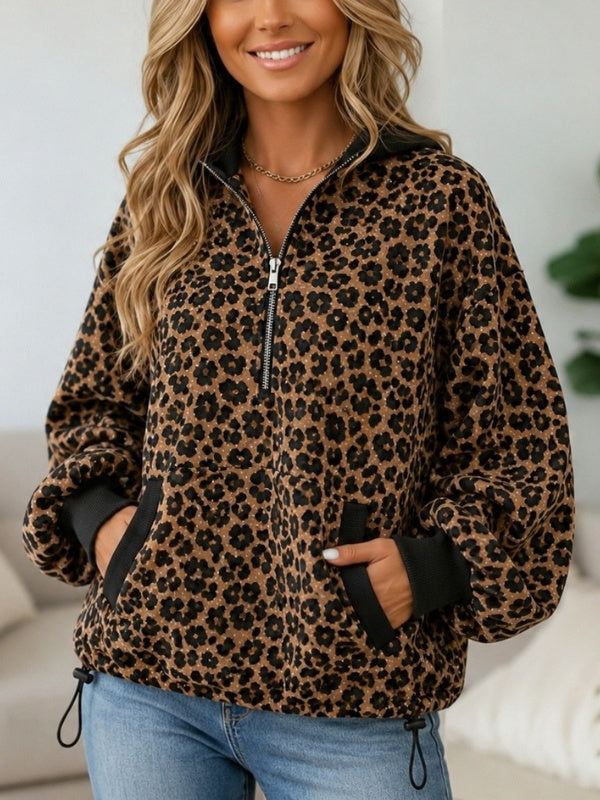 Leopard Print Velvet Hooded Pullover