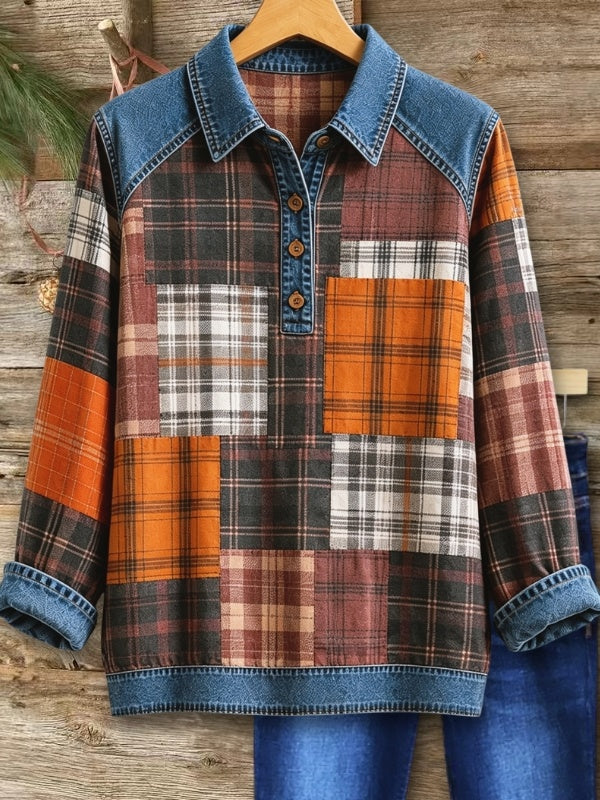 Plaid Patchwork Denim Trim Henley Tunic