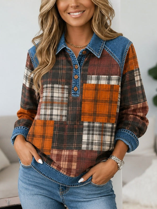 Plaid Patchwork Denim Trim Henley Tunic