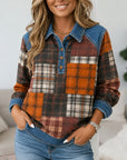 Plaid Patchwork Denim Trim Henley Tunic