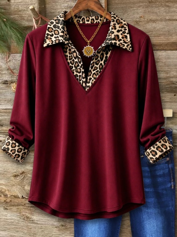 Leopard Collar V Neck Tunic Top