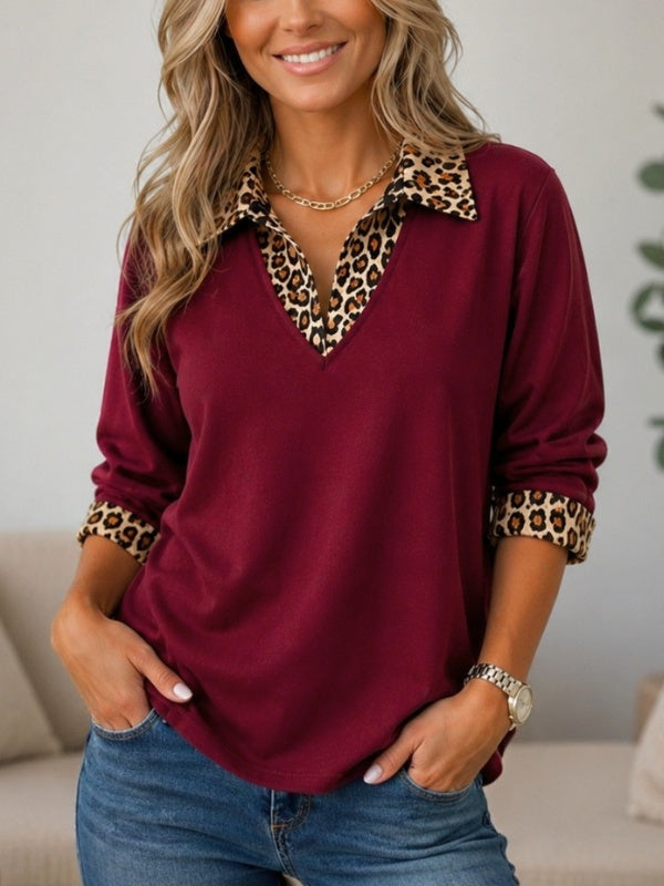 Leopard Collar V Neck Tunic Top